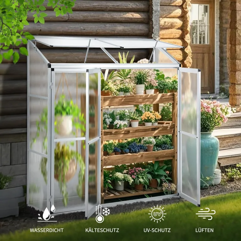 Anlehngewächshaus Tomaten Gewächshaus 180x52x190cm Aluminium Beistell-Gewächshaus, Treibhaus Gartenhaus Frühbeet Ohne Rückwand, Gewächshaus Winterfest Klein, Minigewächshaus, Silber – Bild 4