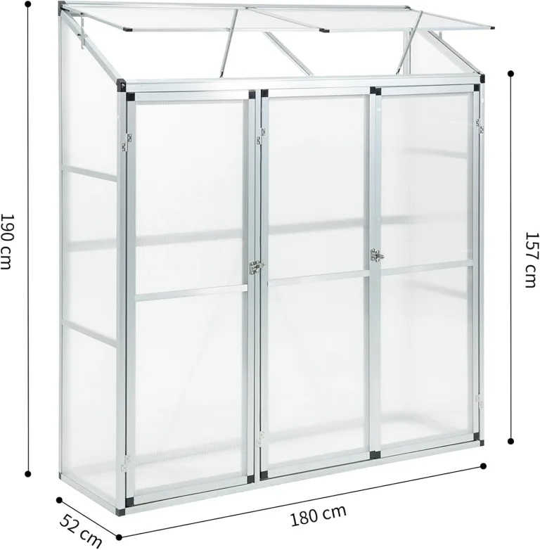 Anlehngewächshaus Tomaten Gewächshaus 180x52x190cm Aluminium Beistell-Gewächshaus, Treibhaus Gartenhaus Frühbeet Ohne Rückwand, Gewächshaus Winterfest Klein, Minigewächshaus, Silber – Bild 8