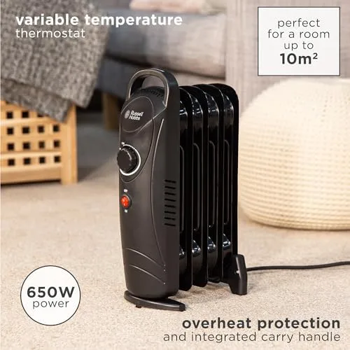 Russell Hobbs RHOFR3001, 650 W, ölgefüllte, tragbare Elektroheizung, 5 Lamellen, schwarz, einstellbarer Thermostat, Sicherheitsabschaltung, 10 m², Raumgröße – Bild 6
