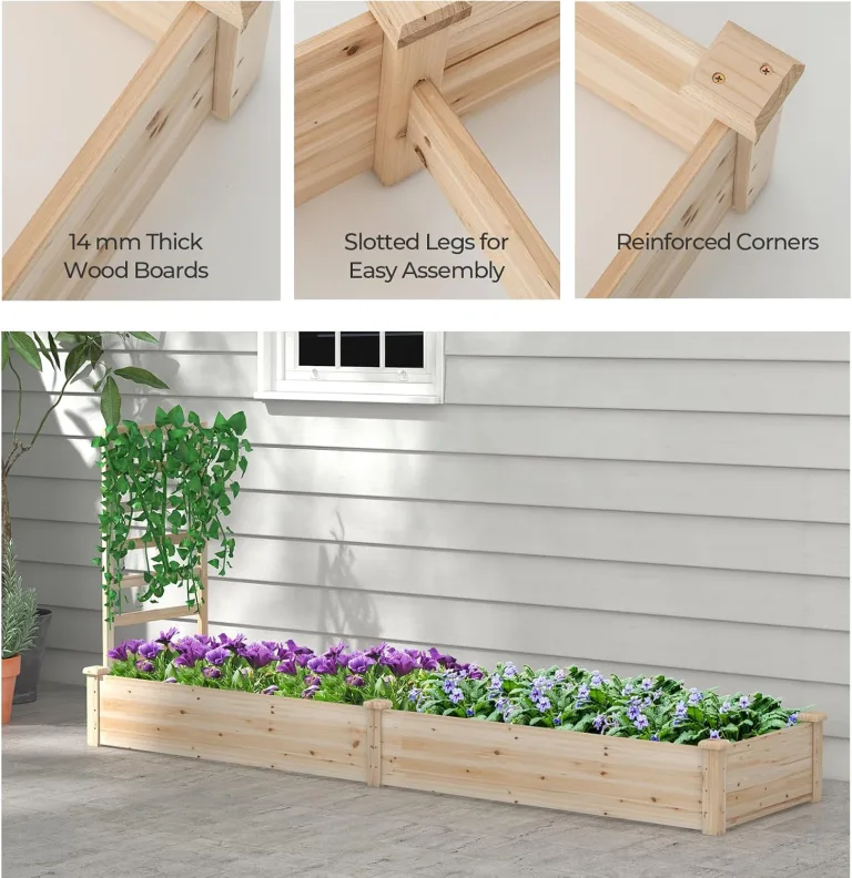 HOMASIS Blumenkasten mit Rankgitter, Hochbeet mit Spalier, Pflanzenkasten Holz, Blumenbeet mit Rankhilfer, Gartenspalier für Kletterpflanzen, Rankkasten für Balkon Garten (Natur, 235x63x102cm) – Bild 8