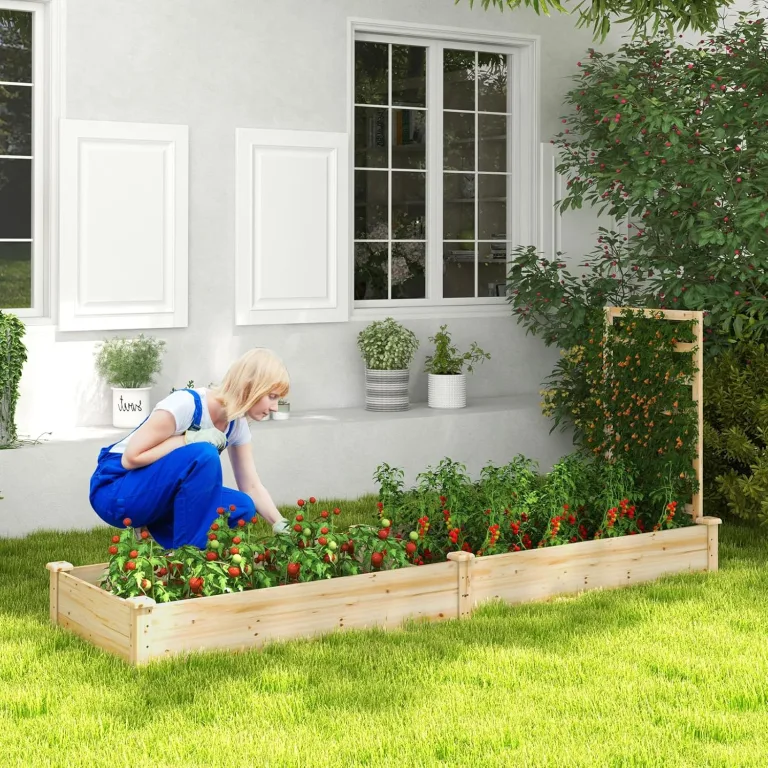 HOMASIS Blumenkasten mit Rankgitter, Hochbeet mit Spalier, Pflanzenkasten Holz, Blumenbeet mit Rankhilfer, Gartenspalier für Kletterpflanzen, Rankkasten für Balkon Garten (Natur, 235x63x102cm) – Bild 9