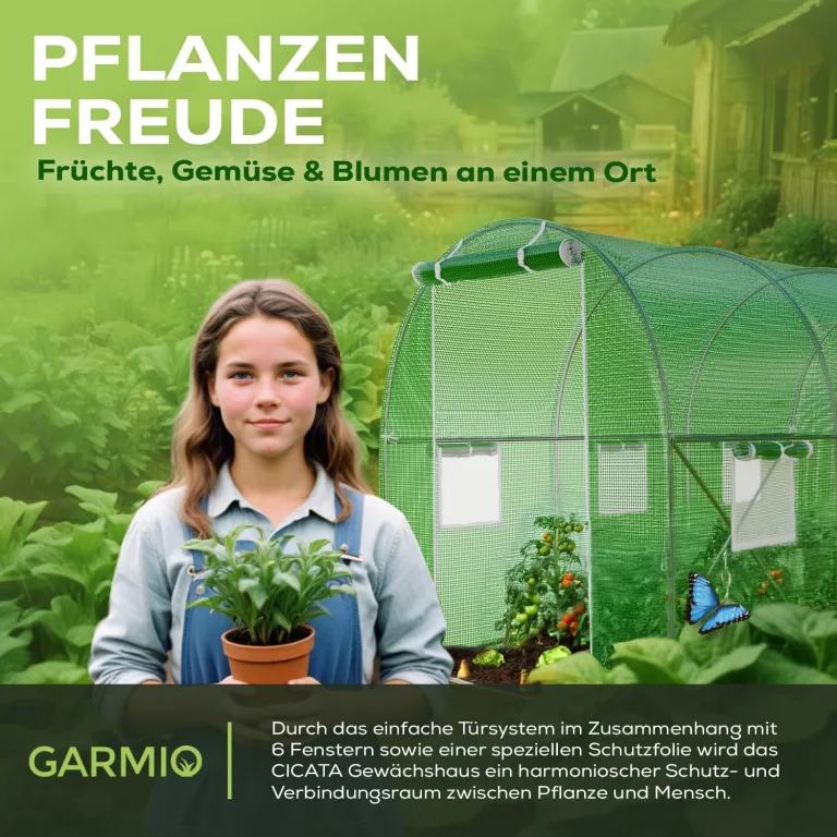Folien-Gewächshaus Cicata Tomatengewächshaus Winterfest, Folientunnel für Aufzucht, 3x2x2 m groß, grün, 6 Fenster, Insektennetz, Rund, Mehrweg, Gitternetzfolie – Bild 6