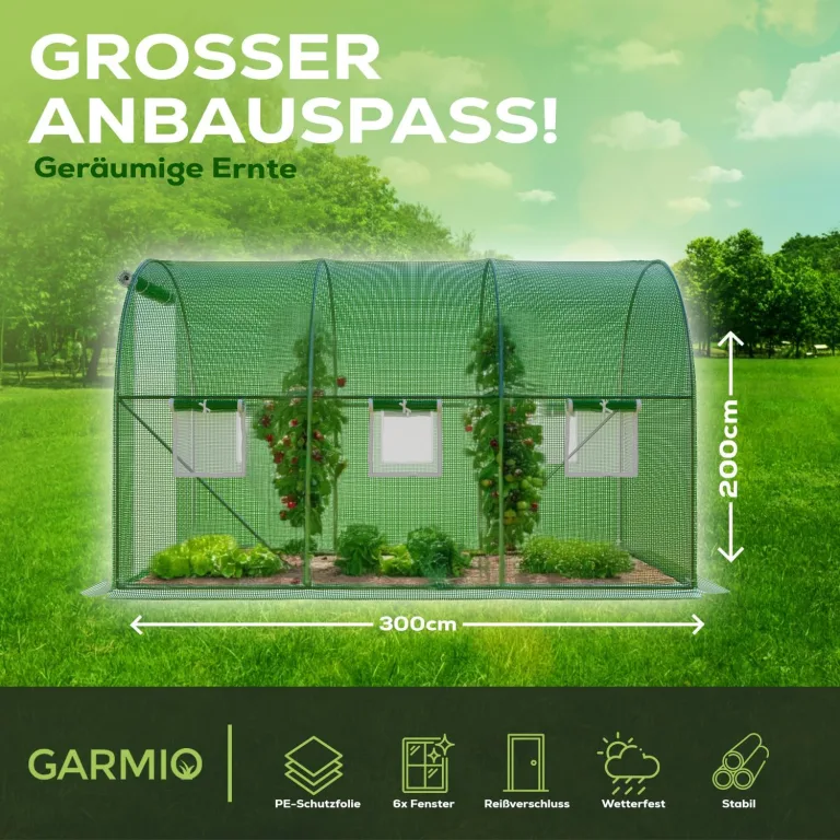 Folien-Gewächshaus Cicata Tomatengewächshaus Winterfest, Folientunnel für Aufzucht, 3x2x2 m groß, grün, 6 Fenster, Insektennetz, Rund, Mehrweg, Gitternetzfolie – Bild 7