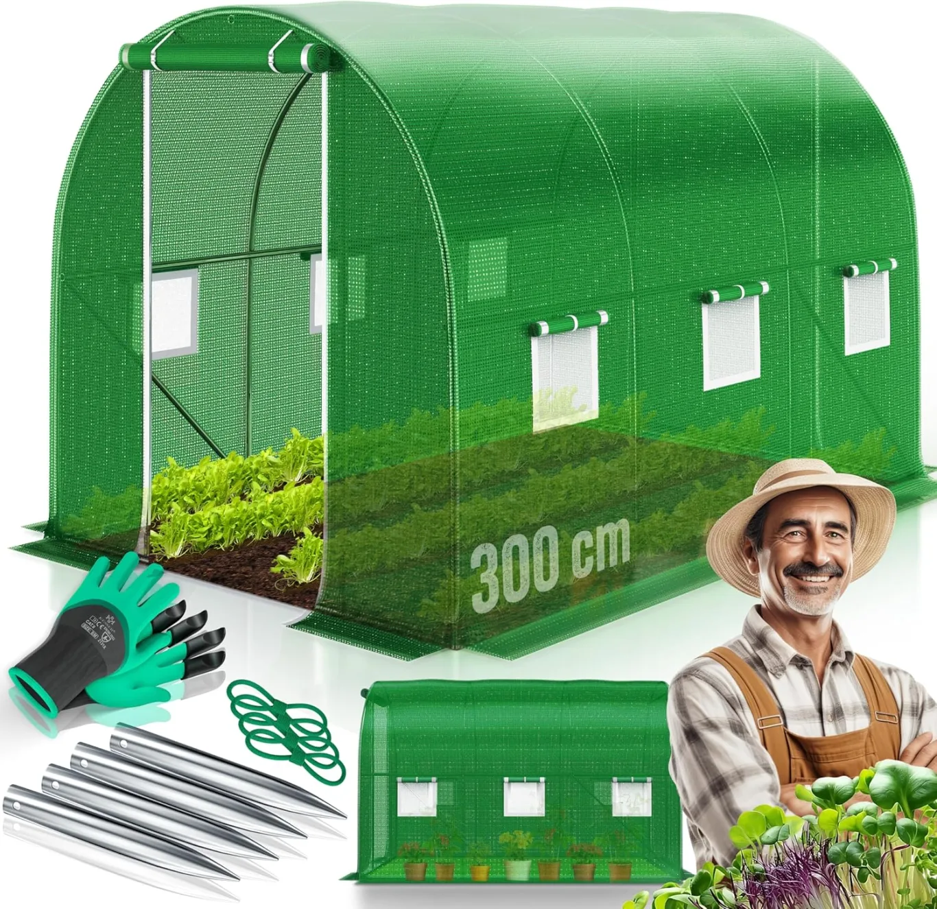 KESSER® Folien-Gewächshaus Stabil mit 6 Fenster mit Moskitonetz & Tür | Gartentunnel mit Rahmen aus verzinktem Stahl | Folientunnel 170g/m² inkl. Erdanker Handschuhen & Seilen | 200x300cm Grün - Bild 1