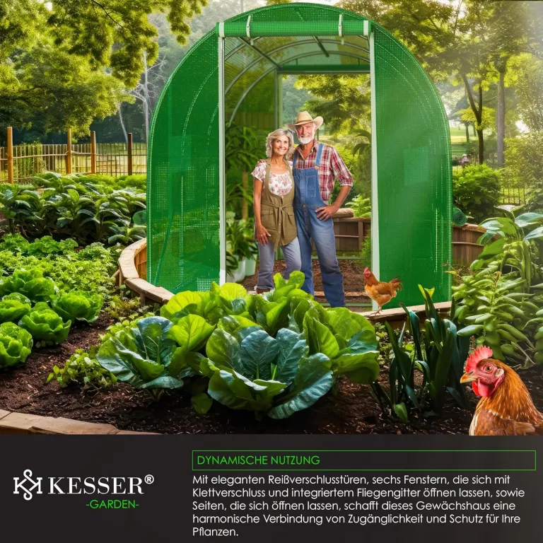 KESSER® Folien-Gewächshaus Stabil mit 6 Fenster mit Moskitonetz & Tür | Gartentunnel mit Rahmen aus verzinktem Stahl | Folientunnel 170g/m² inkl. Erdanker Handschuhen & Seilen | 200x300cm Grün – Bild 8