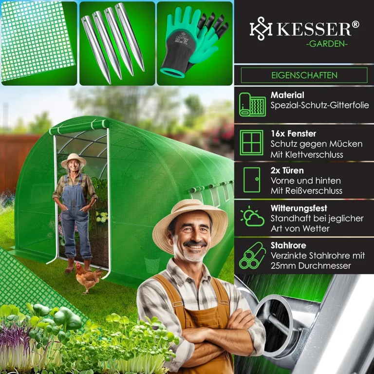 KESSER® Folien-Gewächshaus Stabil mit 16 Fenster mit Moskitonetz & Tür | Gartentunnel mit Rahmen aus verzinktem Stahl | Folientunnel 170g/m² inkl. Erdanker Handschuhen & Seilen | 800x300cm Grün – Bild 6