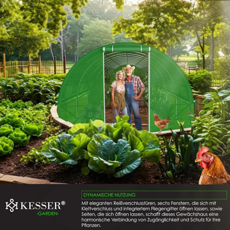 KESSER® Folien-Gewächshaus Stabil mit 16 Fenster mit Moskitonetz & Tür | Gartentunnel mit Rahmen aus verzinktem Stahl | Folientunnel 170g/m² inkl. Erdanker Handschuhen & Seilen | 800x300cm Grün – Bild 8