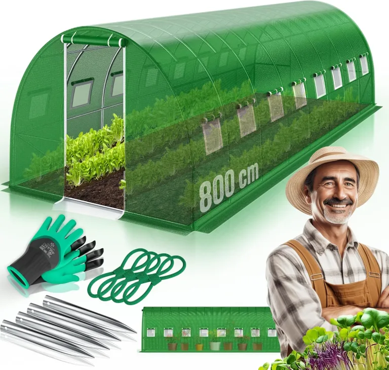 KESSER® Folien-Gewächshaus Stabil mit 16 Fenster mit Moskitonetz & Tür | Gartentunnel mit Rahmen aus verzinktem Stahl | Folientunnel 170g/m² inkl. Erdanker Handschuhen & Seilen | 800x300cm Grün – Bild 1