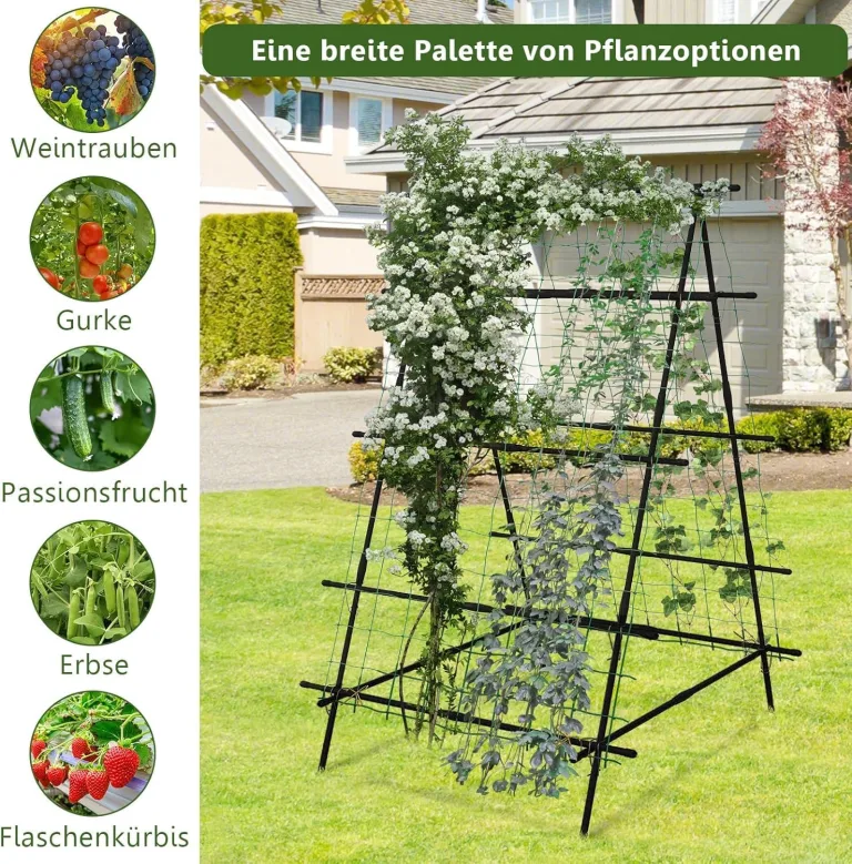 GOPLUS Gurken Rankhilfe, Rankgitter mit verstellbarer A-Form & Würfel-Form, Pflanzenspalier Metall mit Ranknetz & Clips, Gartenspalier Gurkenspalier Pflanzenstütze für Kletterpflanzen, Tomaten & Rosen – Bild 3