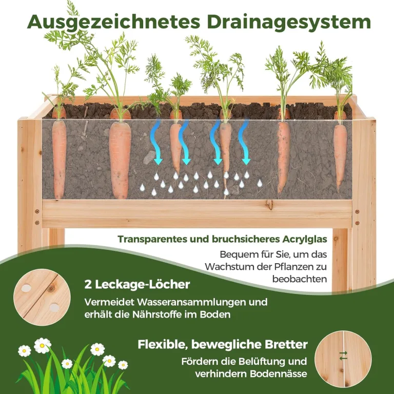 COSTWAY Hochbeet aus Holz, 130L, erhöhtes Pflanzbeet mit Ablauflöchern & transparenten Acrylplatten, Kräuterbeet rechteckig, Gartenbeet für Garten Terrasse Balkon, Pflanzkasten Natur(100x59x77cm) – Bild 5
