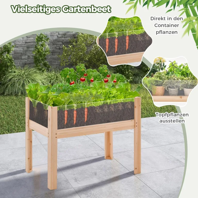 COSTWAY Hochbeet aus Holz, 130L, erhöhtes Pflanzbeet mit Ablauflöchern & transparenten Acrylplatten, Kräuterbeet rechteckig, Gartenbeet für Garten Terrasse Balkon, Pflanzkasten Natur(100x59x77cm) – Bild 2