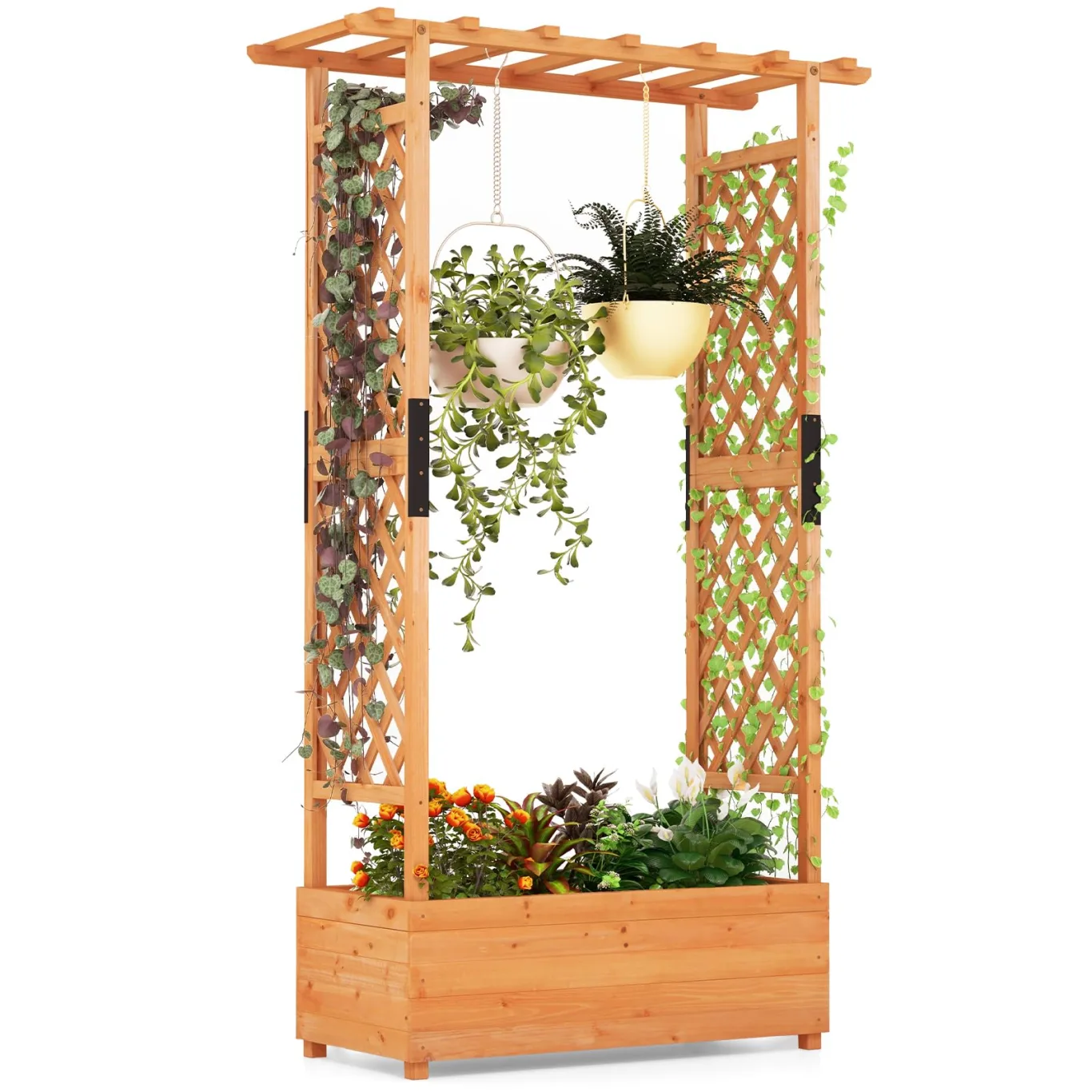 COSTWAY Blumenkasten mit Rankgitter & hängendem Dach, Pflanzkasten mit Rankhilfe, Hochbeet für Kletterpflanzen & hängende Körbe, für Hof Garten Terrasse, Pflanzkübel Holz, Orange (110x44x182cm) - Bild 1