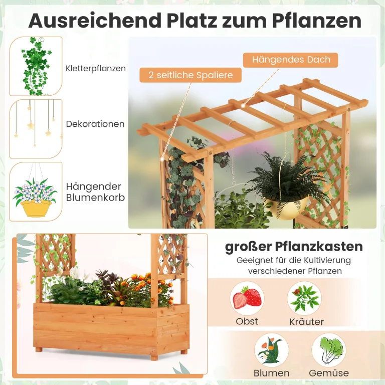 COSTWAY Blumenkasten mit Rankgitter & hängendem Dach, Pflanzkasten mit Rankhilfe, Hochbeet für Kletterpflanzen & hängende Körbe, für Hof Garten Terrasse, Pflanzkübel Holz, Orange (110x44x182cm) – Bild 3