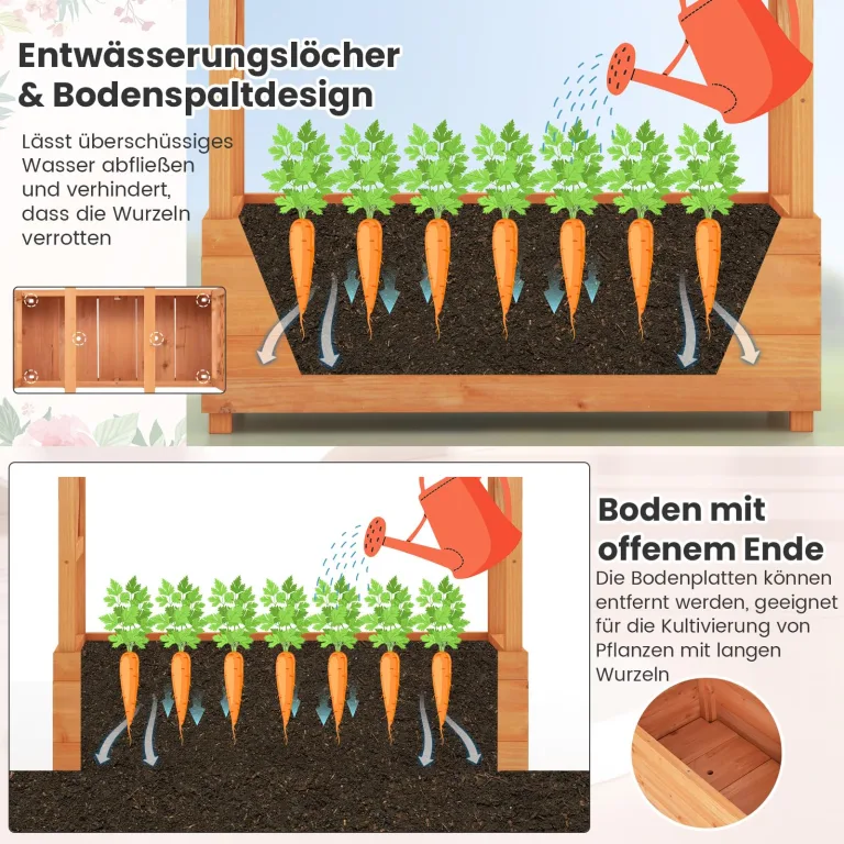COSTWAY Blumenkasten mit Rankgitter & hängendem Dach, Pflanzkasten mit Rankhilfe, Hochbeet für Kletterpflanzen & hängende Körbe, für Hof Garten Terrasse, Pflanzkübel Holz, Orange (110x44x182cm) – Bild 5