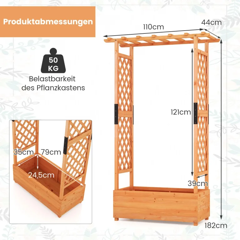 COSTWAY Blumenkasten mit Rankgitter & hängendem Dach, Pflanzkasten mit Rankhilfe, Hochbeet für Kletterpflanzen & hängende Körbe, für Hof Garten Terrasse, Pflanzkübel Holz, Orange (110x44x182cm) – Bild 6
