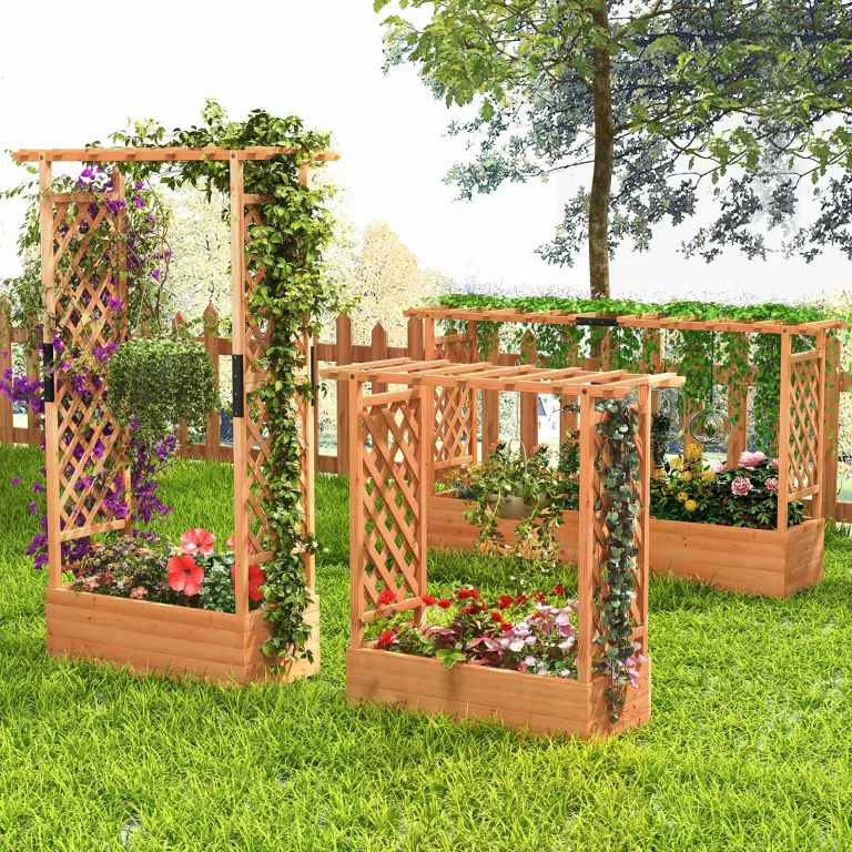 COSTWAY Blumenkasten mit Rankgitter & hängendem Dach, Pflanzkasten mit Rankhilfe, Hochbeet für Kletterpflanzen & hängende Körbe, für Hof Garten Terrasse, Pflanzkübel Holz, Orange (200x44x114cm) – Bild 9