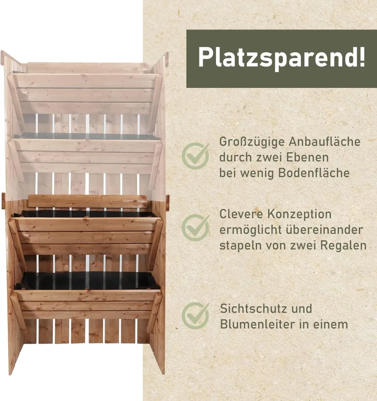 NATIV Blumentreppe, Pflanzregal mit Gartenvlies, Vertikalbeet aus Holz, Kräuterregal für Blumenkasten, Hochbeet mit 2 Etagen, Pflanztreppe als Kräuterbeet, Blumenleiter als Gemüsebeet – Bild 4