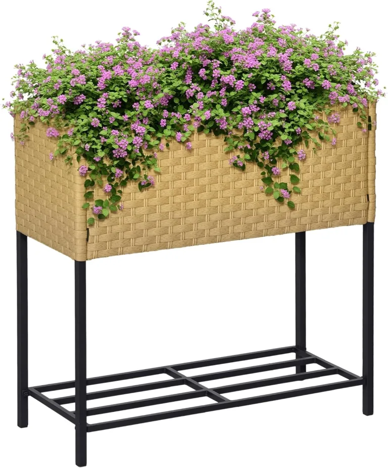Outsunny Poly Rattan Hochbeet Blumenkasten mit Füßen Rattan Blumenkasten Blumentopf mit Ablage Sand 70 x 30 x 72 cm – Bild 1
