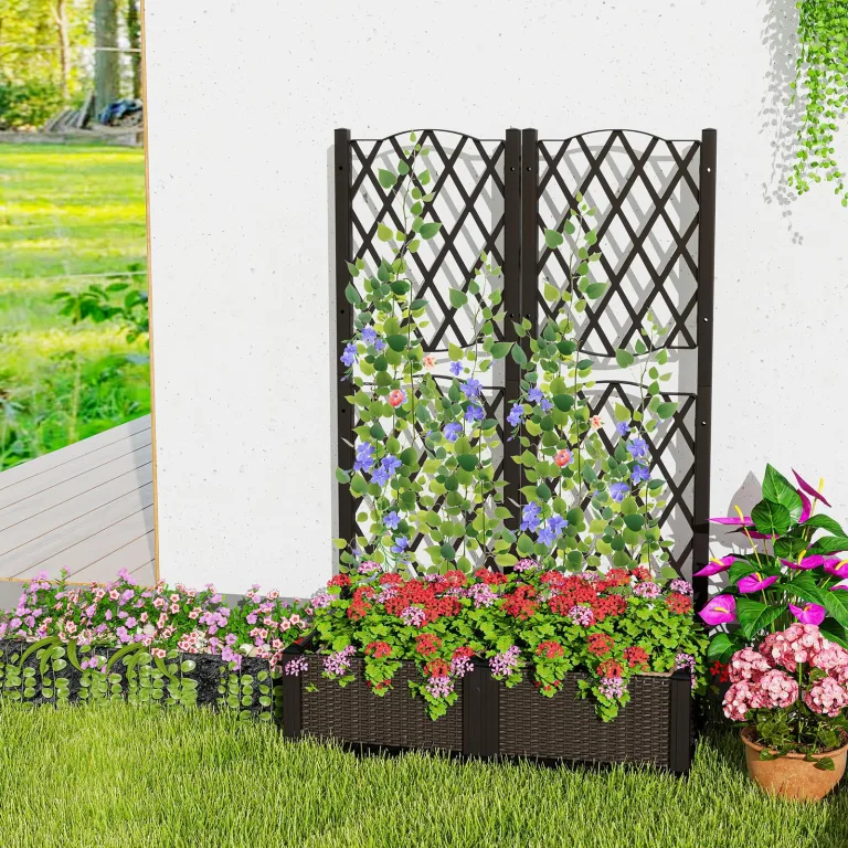 GOPLUS Blumenkasten mit Rankgitter, Hochbeet mit Spalier für Kletterpflanzen & Topfpflanzen, Tiefes Pflanzbeet mit Drainagelöchern für Balkon, Hinterhof & Garten (Braun, 80 x 40 x 122 cm) – Bild 8