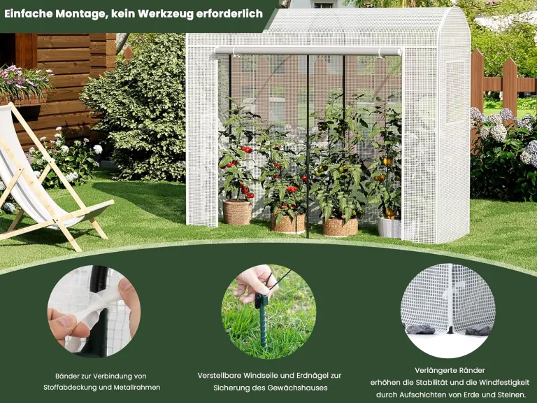 WOLTU Gewächshaus, Foliengewächshaus Winterfest für Aufzucht Tomaten Gemüse Blumen, Tomatenhaus mit Tür 2 Fenstern, aus Stahlrohr PE, 200 x 170 x 68 cm, Weiß – Bild 5