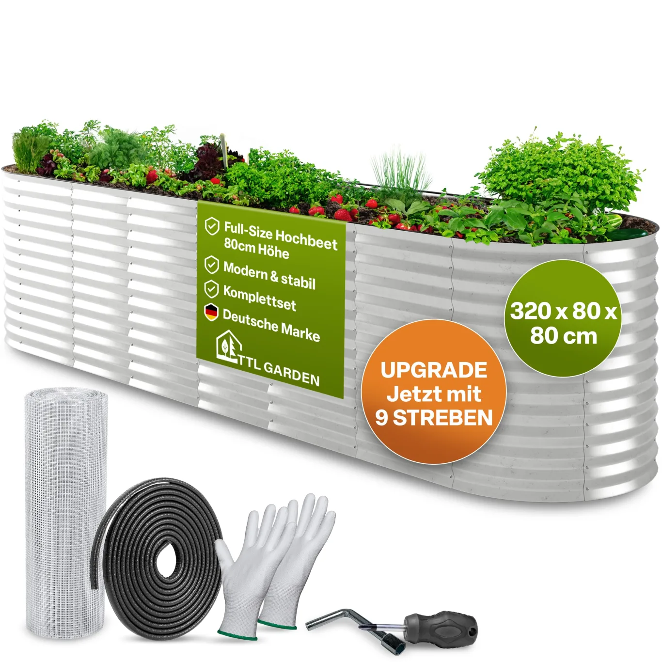 TTL GARDEN 320x80x80cm Spirit XL Metall Hochbeet Silber - Stahl rostfrei verzinkt Wellblech ovale Form sehr groß stabil & wetterfest Garten Beet für Gemüse Kräuter Blumen Gartenbeet Gemüsebeet - Bild 1