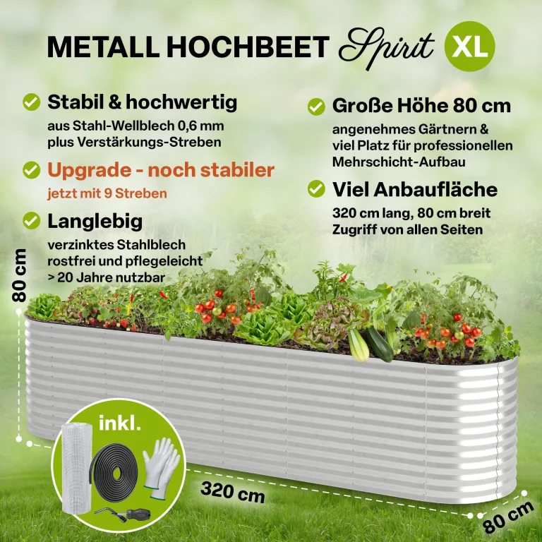 TTL GARDEN 320x80x80cm Spirit XL Metall Hochbeet Silber - Stahl rostfrei verzinkt Wellblech ovale Form sehr groß stabil & wetterfest Garten Beet für Gemüse Kräuter Blumen Gartenbeet Gemüsebeet – Bild 2