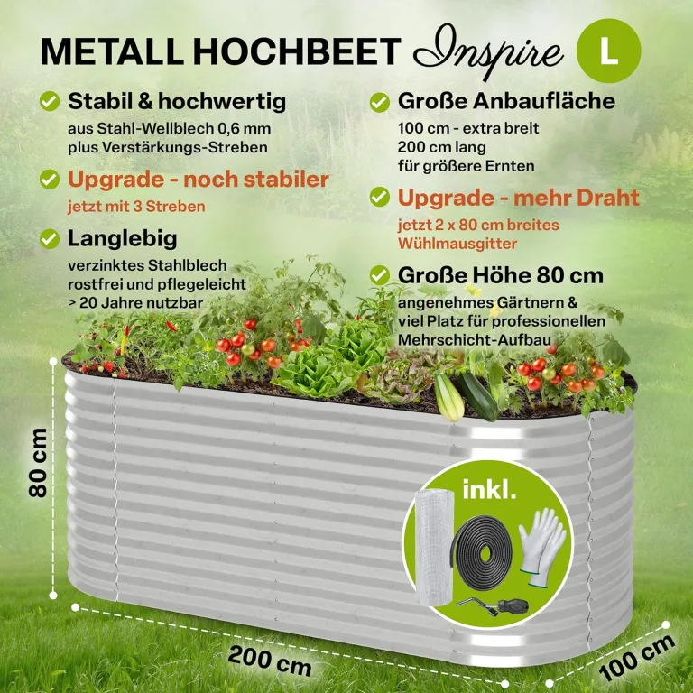 TTL GARDEN 200x100x80cm Inspire L Silber Metall Hochbeet - Stahl rostfrei verzinkt Wellblech sehr stabil & wetterfest Garten Beet oval für Gemüse Kräuter Blumen Gartenbeet Gemüsebeet – Bild 3