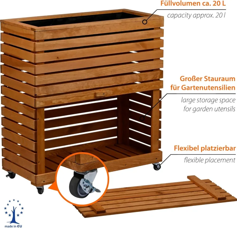 dobar® Großes Hochbeet Rolla aus Massivholz Gr. L mit Rollen - Erhöhtes Beet mit Staufach - 72 x 32,5 x 78 cm - Braun – Bild 3