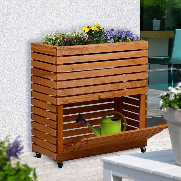 dobar® Großes Hochbeet Rolla aus Massivholz Gr. L mit Rollen - Erhöhtes Beet mit Staufach - 72 x 32,5 x 78 cm - Braun – Bild 4