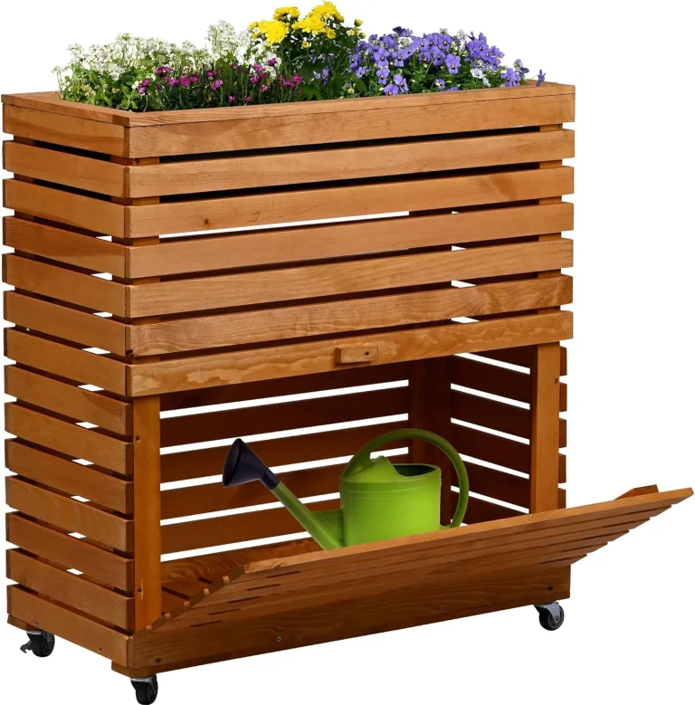 dobar® Großes Hochbeet Rolla aus Massivholz Gr. L mit Rollen - Erhöhtes Beet mit Staufach - 72 x 32,5 x 78 cm - Braun – Bild 1