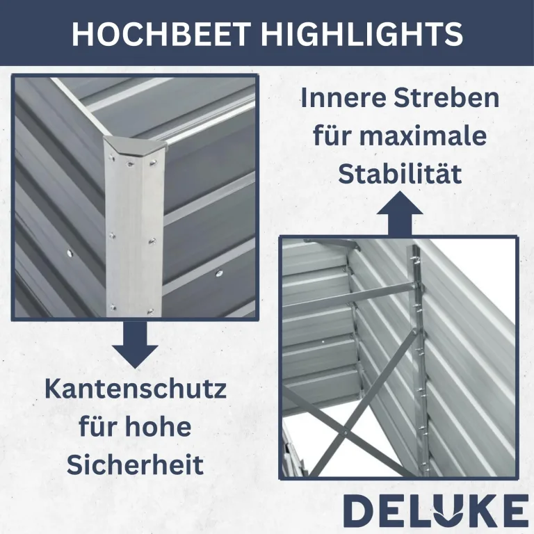 DELUKE® Hochbeet für Garten Oskar Grau | 160x40x77cm | Verzinkter Stahl | Wetterfest | Hochbeet Metall Gartenbeet Kräuterbeet Blumenbeet Beet hoch Frühbeet für Garten Gemüsebeet – Bild 4