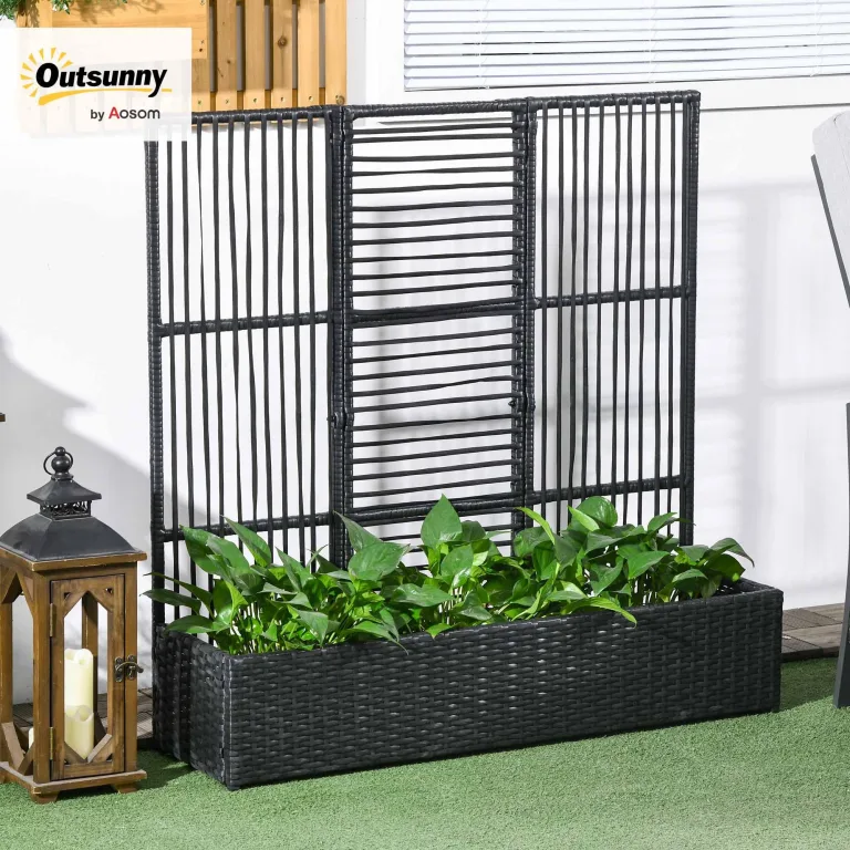Outsunny Hochbeet mit Rankgitter in Rattan-Optik Pflanzkasten mit Rankhilfe für Kletterpflanzen Blumenkasten Blumenbeet Pflanzkübel Rankkasten für Garten, Balkon, 103 x 29 x 103 cm Schwarz – Bild 2