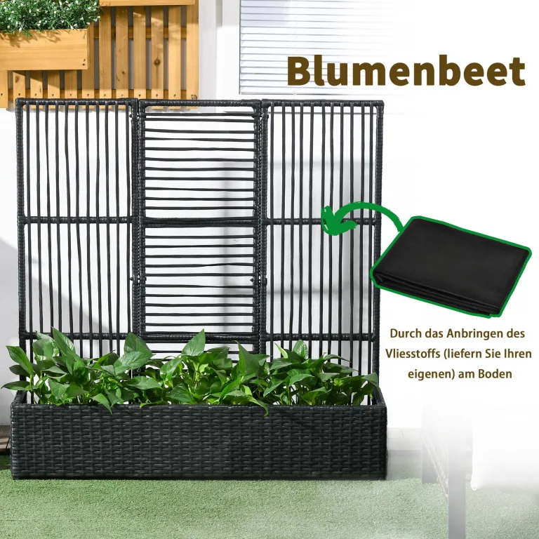 Outsunny Hochbeet mit Rankgitter in Rattan-Optik Pflanzkasten mit Rankhilfe für Kletterpflanzen Blumenkasten Blumenbeet Pflanzkübel Rankkasten für Garten, Balkon, 103 x 29 x 103 cm Schwarz – Bild 6