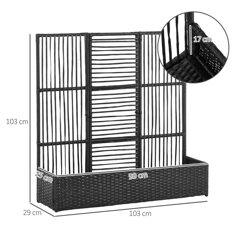 Outsunny Hochbeet mit Rankgitter in Rattan-Optik Pflanzkasten mit Rankhilfe für Kletterpflanzen Blumenkasten Blumenbeet Pflanzkübel Rankkasten für Garten, Balkon, 103 x 29 x 103 cm Schwarz – Bild 7