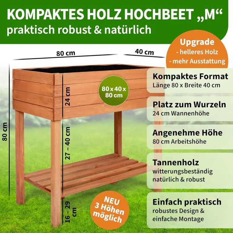 TTL GARDEN Balkon Hochbeet M 80x40x80cm aus Holz - Pflanzkasten & Blumenkasten mit Ablageboden & Folie - Tannenholz wetterfest - Pflanzbeet Kräuterbeet Blumenbeet für Garten Balkon Terrasse - Braun – Bild 3