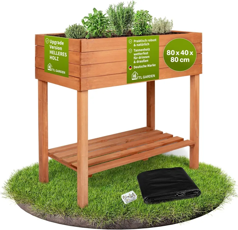 TTL GARDEN Balkon Hochbeet M 80x40x80cm aus Holz - Pflanzkasten & Blumenkasten mit Ablageboden & Folie - Tannenholz wetterfest - Pflanzbeet Kräuterbeet Blumenbeet für Garten Balkon Terrasse - Braun – Bild 1