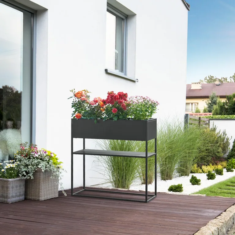 [en.casa] Blumenständer Joensuu Hochbeet mit Ablage Pflanzkübel Kräuterbeet Blumenkasten Pflanzkasten aus Stahl 80 x 80 x 25 cm Schwarz für drinnen und draußen – Bild 3