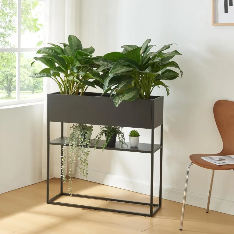 [en.casa] Blumenständer Joensuu Hochbeet mit Ablage Pflanzkübel Kräuterbeet Blumenkasten Pflanzkasten aus Stahl 80 x 80 x 25 cm Schwarz für drinnen und draußen – Bild 1