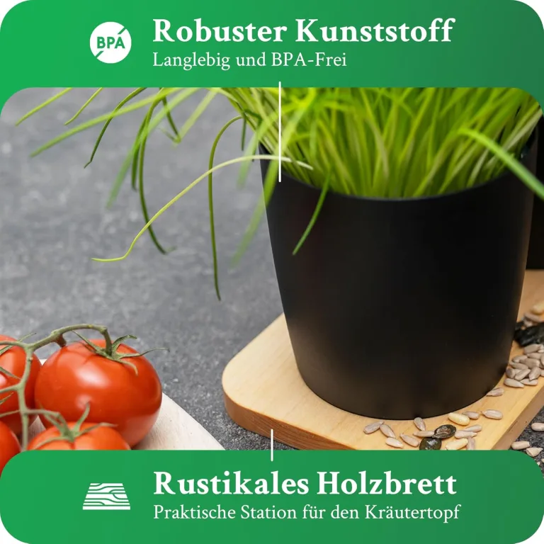 Novaliv Stilvolle Kräuterstation 3er Set mit Holzunterlage - Kräutertopf für Jede Fensterbank, Für frische Küchenkräuter, Kräutergarten für die küche, Kräuterbeet Indoor, Blumenkasten, Pflanzentopf – Bild 5