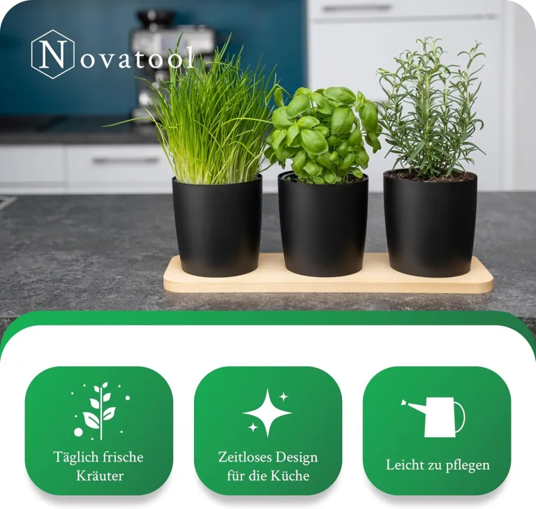 Novaliv Stilvolle Kräuterstation 3er Set mit Holzunterlage - Kräutertopf für Jede Fensterbank, Für frische Küchenkräuter, Kräutergarten für die küche, Kräuterbeet Indoor, Blumenkasten, Pflanzentopf – Bild 3