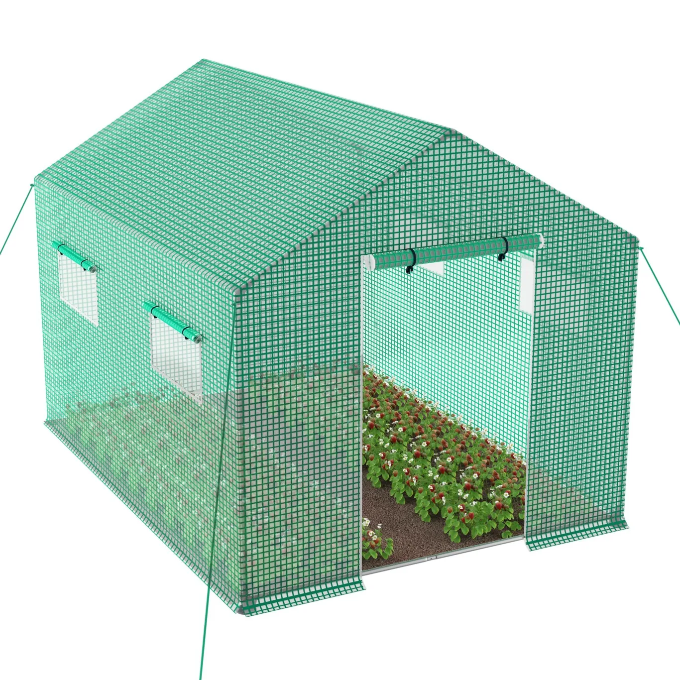300x200x200cm Frostschutz Gartengewächshäuser aus Stahlrohren, 6㎡ Begehbares Tomatenhaus mit Satteldach, Rolltor mit Reißverschluss & Fenstern, Winterfest HDPE Foliengewächshaus für Garten - Bild 1