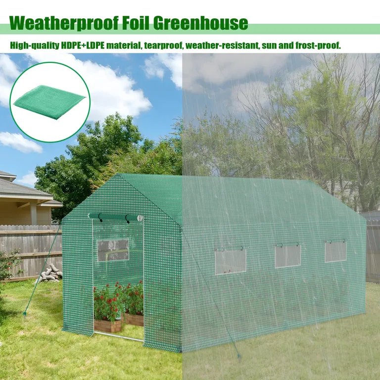 300x200x200cm Frostschutz Gartengewächshäuser aus Stahlrohren, 6㎡ Begehbares Tomatenhaus mit Satteldach, Rolltor mit Reißverschluss & Fenstern, Winterfest HDPE Foliengewächshaus für Garten – Bild 5
