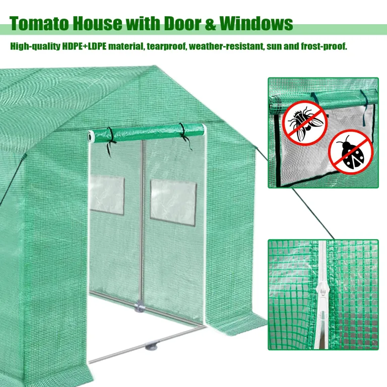 300x200x200cm Frostschutz Gartengewächshäuser aus Stahlrohren, 6㎡ Begehbares Tomatenhaus mit Satteldach, Rolltor mit Reißverschluss & Fenstern, Winterfest HDPE Foliengewächshaus für Garten – Bild 6