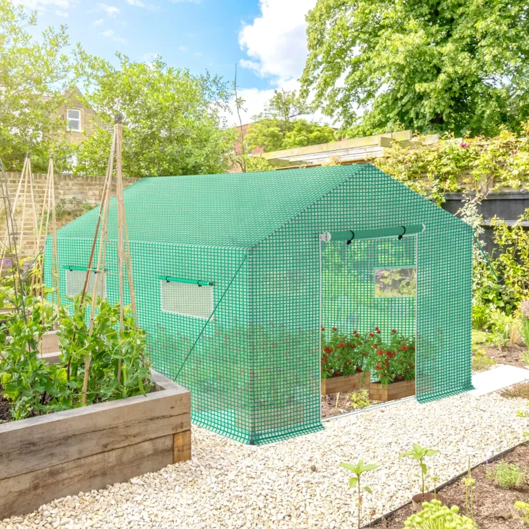 300x200x200cm Frostschutz Gartengewächshäuser aus Stahlrohren, 6㎡ Begehbares Tomatenhaus mit Satteldach, Rolltor mit Reißverschluss & Fenstern, Winterfest HDPE Foliengewächshaus für Garten – Bild 8