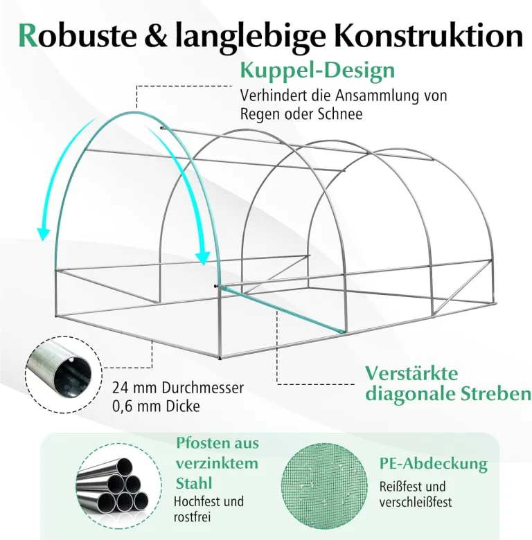 COSTWAY Gewächshaus, 4x3x2m|12m², Foliengewächshaus mit Metallgestell, Treibhaus mit 6 aufrollbaren Netzfenstern & 2 Reißverschlusstüren, Garten Folientunnel, für Tomaten Gemüse Blumen Obst, Grün – Bild 5