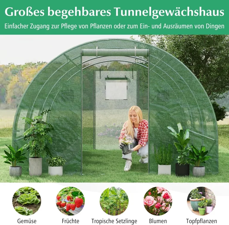 COSTWAY Gewächshaus, 4x3x2m|12m², Foliengewächshaus mit Metallgestell, Treibhaus mit 6 aufrollbaren Netzfenstern & 2 Reißverschlusstüren, Garten Folientunnel, für Tomaten Gemüse Blumen Obst, Grün – Bild 7