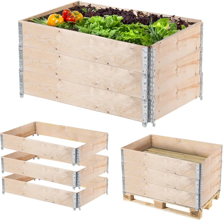 KADAX Palettenrahmen aus Holz, Stapelbare Holzrahmen, Aufsatzrahmen für Garten, Hochbeet Rahmen, Pflanzkasten, Gartenbeet, Gemüsebeet, Kräuterbeet (3-er Set 120x80x22,5 cm) – Bild 1