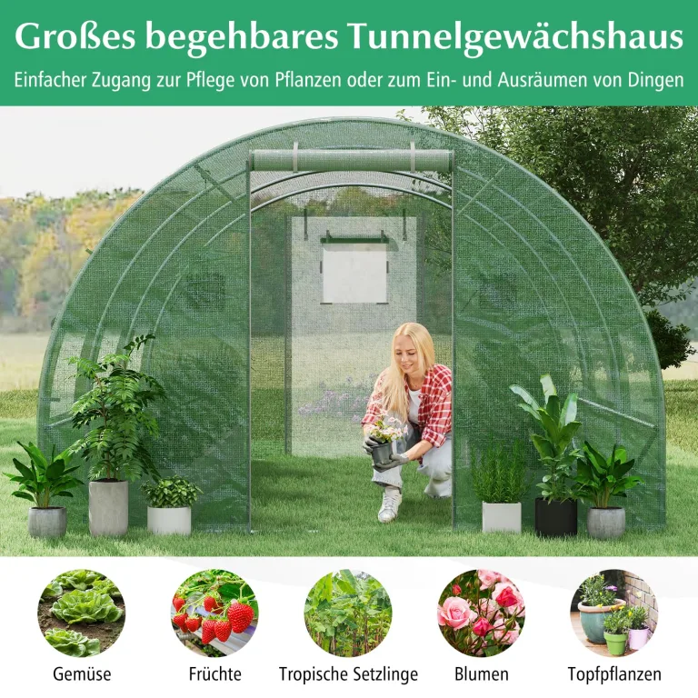 GOPLUS 4x3x2m Gewächshaus mit Metallrahmen, 12m² Gartengewächshäuser mit 6 Fenstern & 2 Türen, Foliengewächshaus für Bauernhof, Hinterhof & Garten (4x3x2m) – Bild 2