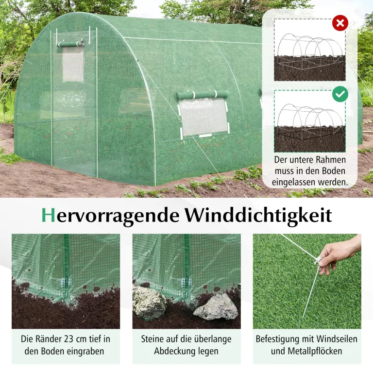 GOPLUS 4x3x2m Gewächshaus mit Metallrahmen, 12m² Gartengewächshäuser mit 6 Fenstern & 2 Türen, Foliengewächshaus für Bauernhof, Hinterhof & Garten (4x3x2m) – Bild 3
