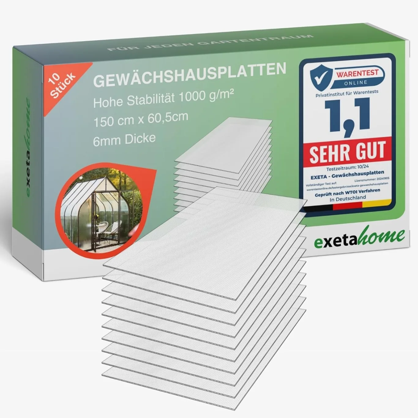 10x Gewächshausplatten 6mm I Polycarbonat Hohlkammerplatten für Gewächshäuser I PC Doppelstegplatten UV-beständig & bruchsicher I für Garten, Frühbeet uvm I 60,5cm x 150cm I Transparent - Bild 1